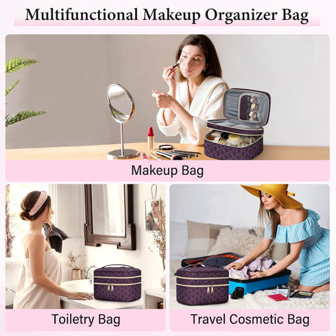 IGOLUMON Travel Makeup Bag Double Layer Make Up Bag Portable Large Cosmetic Bag Wide-open Toiletry Bag for Women Roomy Cosmetic Case Pouch Multifu...