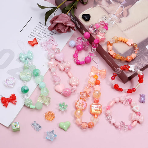 Lemonkey 150pcs Cute Assorted Beads Acrylic Mix Random Style Flower Butterfly Candy Star Kawaii Beads for Jewelry Making Bracelet Necklaces(Red Ro...