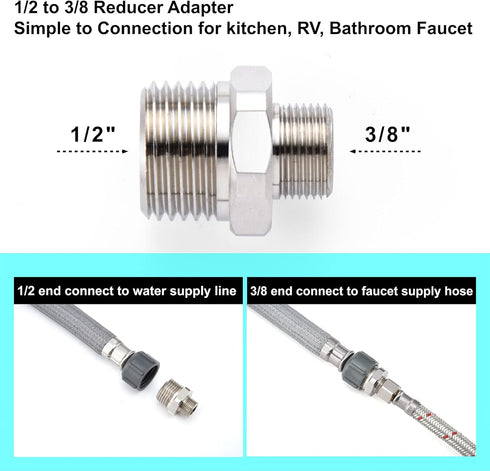 1/2 to 3/8 Reducer Faucet Adapter - Compression Brass Pipe Fitting, 3/8 Male to 1/2 Male Supply Line Adapter for RV Kitchen Plumbing, Water Hose P...