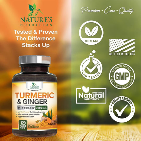 Turmeric Curcumin with BioPerine Black Pepper & Ginger 95% Standardized Curcuminoids 2600mg for Max Absorption Joint & Antioxidant Support, Nature...