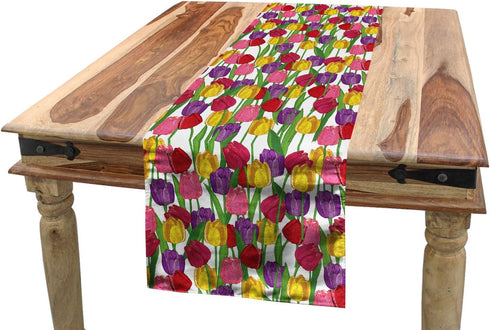Lunarable Tulip Table Runner, Group of Mixed Complex Repeating Tulip in Diverse Colors Seasonal Nature Garden Image, Dining Room Kitchen Rectangul...
