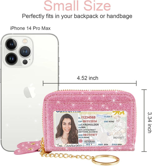 Double Zipper Credit Card Holder RFID Blocking Coin Pouch Slot Glitter Shining Leather Small Cute Card Wallet for Women with Keychain, Pink Glitte...