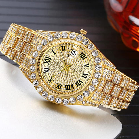 Mens Ice Out Watches Big Rocks with Roman Numerals Fully Colorful Dial Gold Watch...