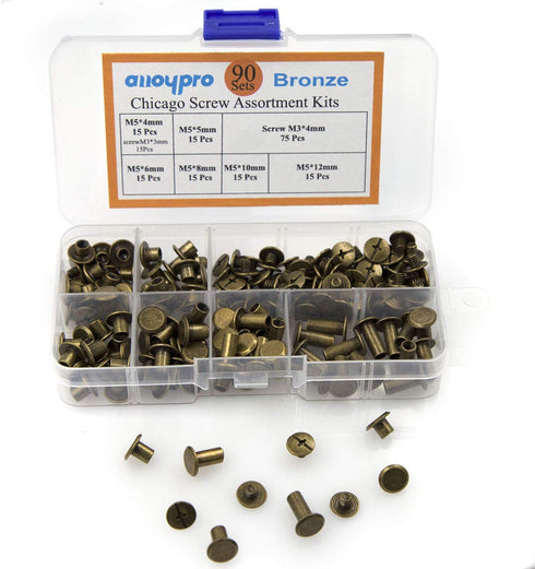 90 Sets Chicago Screws Assorted Kit 6 Sizes Bronze Leather Rivets 3/16(5mm) Screw Rivets Phillip Head Book Binding Posts Nail Rivet Chicago Bolts ...