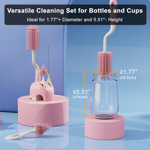 Silicone Bottle Brush Set with Stand, 360° Rotating Silicone Bottle Cleaning Brush Cleaner Set, Long Handle 3 in 1 multipurpose Silicone Baby Bott...