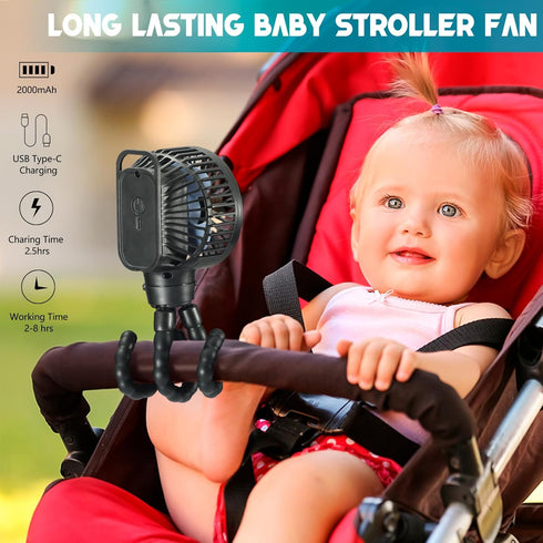 snawowo Mini Portable Stroller Fan, Battery Operated Personal Small Handheld Fan with Flexible Tripod, 3 Speed Rechargeable Clip On Fan for Car Se...