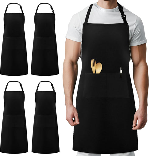 Syntus 4 Pack Chef Apron, Adjustable Bib Apron Waterdrop Resistant Professional Cooking Aprons for Men Women with 2 Pockets, Black...