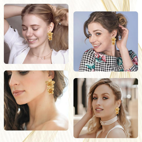 Gold Flower Earrings Double Flower Gold Statement Earrings for Women, Hypoallergenic Gold Floral Earrings Large Gold Earrings for Women Boho Jewel...