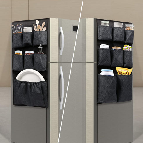 Mini Fridge Caddy Organizer Storage Bag, Over The Fridge Storage Organizer with 15 Extra Large Fabric Pockets for Plate, Silverware, Spice, Cutler...