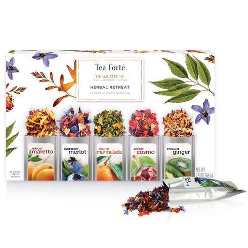 Tea Forte Single Steeps Loose Leaf Herbal Retreat Premium Tea Sampler 15 Count 3 of Each Assorted Blends, Pre-Portioned Single Serve Pouches, Stee...