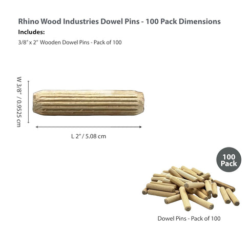 3/8" x 2" - 100 Pack Wooden Dowel Pins - Kiln Dried, Fluted, and Beveled (3/8" x 2", 100pk)...