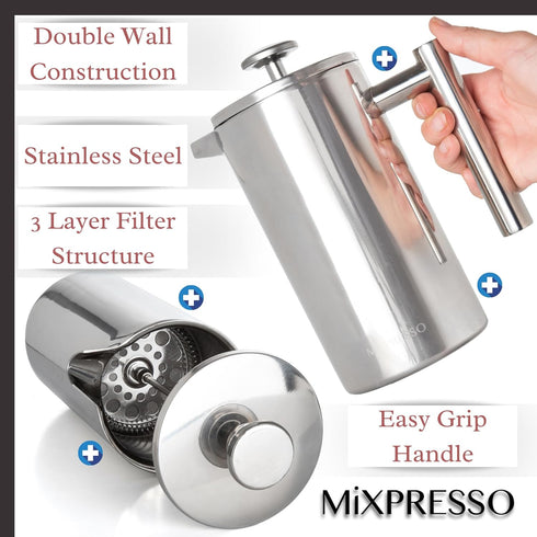 Mixpresso Stainless Steel French Press Coffee Maker 27 Oz 800 ml, Double Wall Insulated French Press Stainless Steel & Tea Brewer Easy Clean & Eas...