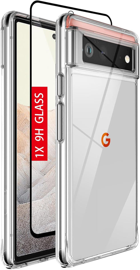 for Google Pixel 6 Case: Military-Grade Shockproof Phone Cover with Tempered Glass Screen Protector, Anti-Scratch & Reinforced Bumpers - Crystal C...