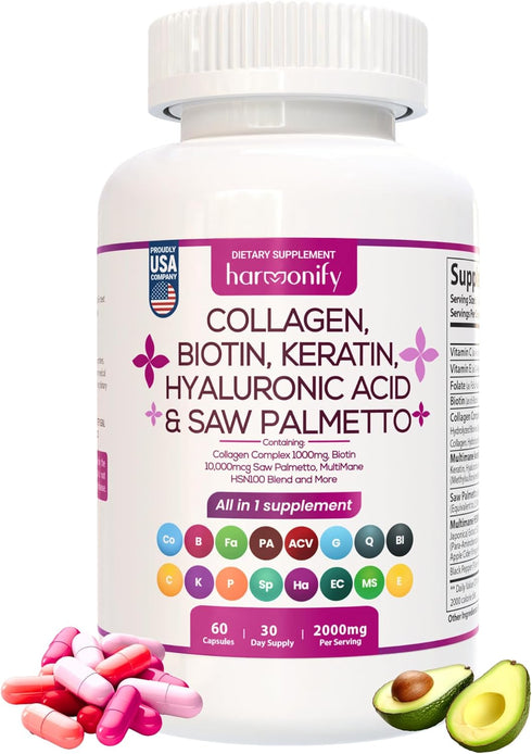 Collagen Biotin Keratin Saw Palmetto Hyaluronic Acid Complex Supplement with Vitamin E, Folic Acid, Pumpkin Seed and MSM, Hair Skin & Nails Multiv...