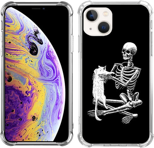 Black Skull White Cat Phone Case Compatible with iPhone 14, Skull Cool Skeleton and Cat Case for Girls Boys Women Men, Unique Trendy TPU Bumper Co...