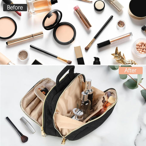 RAINSMORE Travel Makeup Bag Large Capacity Cosmetic Bag Waterproof Makeup Organizer Bag Wide Open Makeup Pouch with Handle Toiletry Bag Make Up Ba...