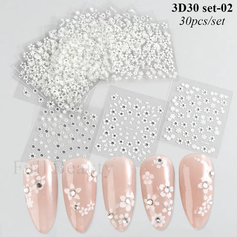 30 Pcs Flower Nail Art Stickers Spring Nail Stickers 5D Embossed White Floral Nail Decals with Glitter Designs Self Adhesive Nail Supplies for Wom...