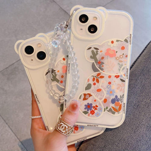 Case for iPhone XR with Cute Flowers Bear Pattern, Camera Protector, Clear Case and Lovely Strap Bracelet Chain for Girls Women, Compatible for iP...