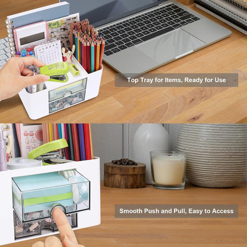 Plastic Pen Organizer, Multifunctional Desk Organizer with 2 Drawers, 4 Compartments & a Top Tray, Pencil Holder Desktop Organizers and Accessorie...