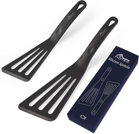 HOTEC Heat Resistant Silicone Slotted Fish Turner Spatula Set, Flipper Cooking Spatulas, for Non Stick Cookware Dishwasher Safe, Black...