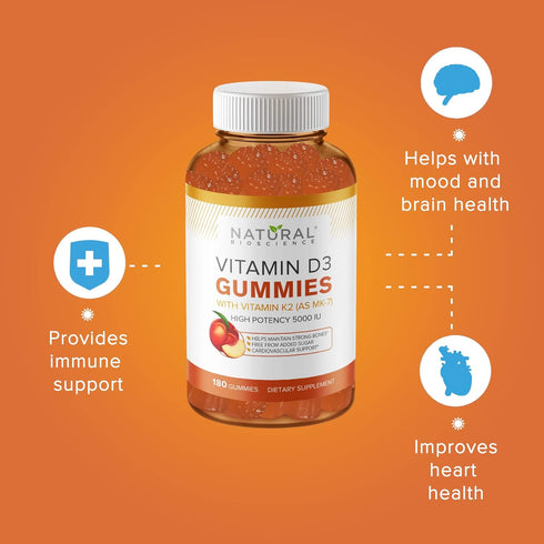 Sugar Free Vitamin D3 K2 Gummies - Vitamin D3 Gummies 5000 IU+K2 MK7 80 mcg, K2 D3 Vitamin Supplement Adults, Vitamin D K2 for Bones, Immune, Hear...