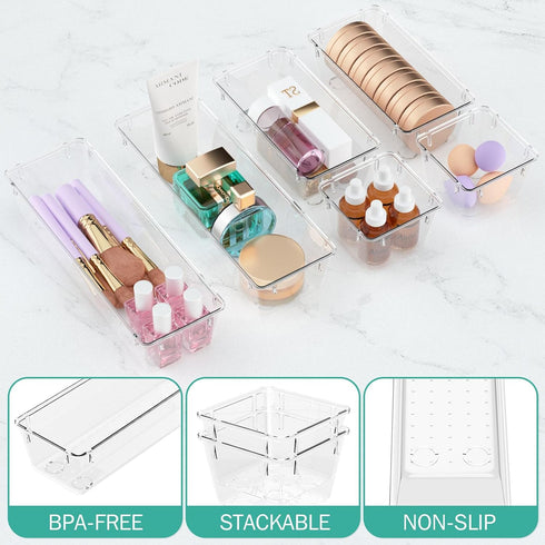 WOWBOX 6 Pack Clear Drawer Organizer Set, Acrylic Drawer Storage Trays, Storage Bins for Makeup, Cosmetics, Jewelries, Utensils, Gadgets, Office...