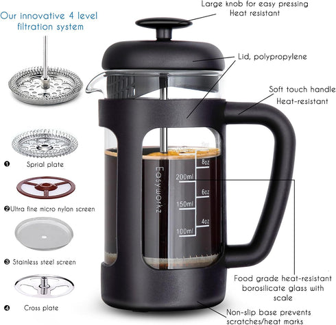 Easyworkz French Press 12 oz Coffee Tea Maker with Borosilicate Glass,Soft Grip Handle...