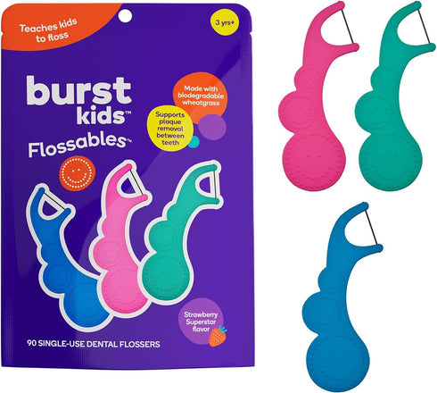 BURSTkids Flossables Kids Flossers - Kids Floss Picks with Ergonomic Design, No-Slip Grip, Smiley Face and Fun Colors - Toddler & Kids Dental Flos...