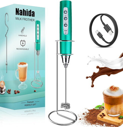 Nahida Turquoise Milk Frother Wand for Coffee Frother Handheld with Stand Electric Whisk with 3 Heads 3 Speeds Drink Mixer Coffee Frother Foam Mak...