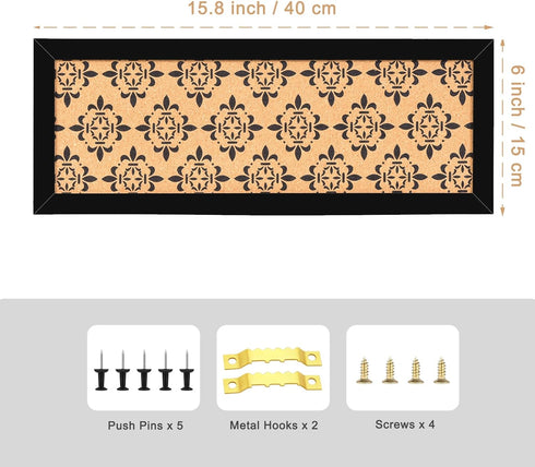 Long Decorative Cork Board for Walls, Bulletin Board with Black Floral Print, Black Framed Pin Board Vision Board for Office School Bedroom and Do...