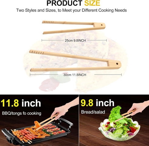 4 Pcs Bamboo Tongs Set: Wooden Tongs for Cooking, 11.8in Kitchen Long Tongs & 9.8in Toaster Tongs, Bamboo Tongs for Kitchen Salad, Bacon, Pickles,...