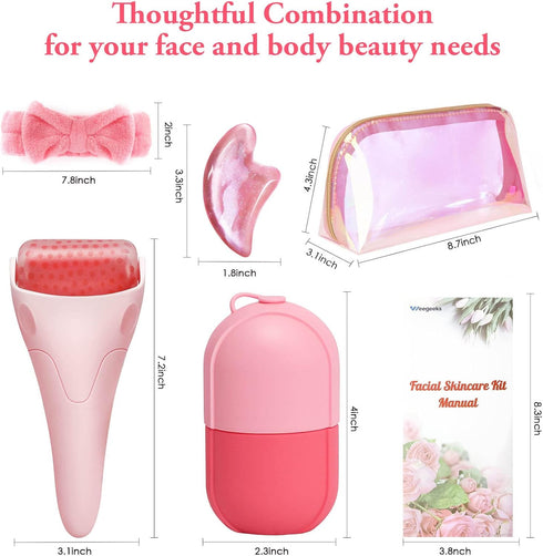 Ice Roller and Ice Mold for Face Massager Tools - 5-Piece Face Roller Skin Care Kit with Ice Face Roller, Face Ice Mold, SPA Headband, Gua Sha Too...