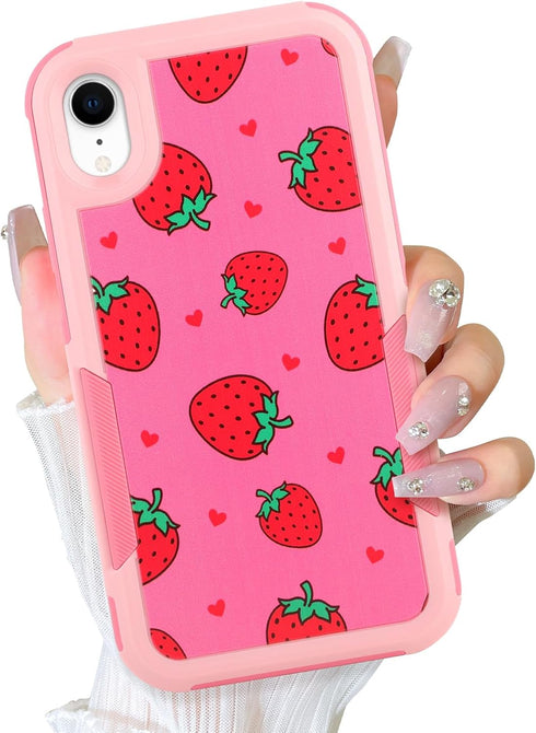 Designed for iPhone XR Pink Strawberry Phone Case Heavy Duty Protective Shockproof and Anti Drop Cute Pink Strawberry Suitable Phone Case...