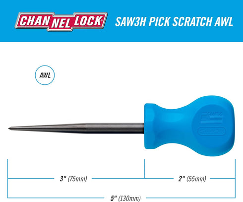 CHANNELLOCK SAW3H 3-inch Professional Scratch Awl Pick, Precision Machined Non-Magnetic, Made in USA, Molded Tri-Lobe Grip...