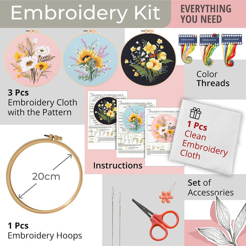 Univigo Embroidery Kit 3 Sets Embroidery Stitch Practice Kit for Handicraft Lover Cross Stitch Kits with Embroidery Cloth Hoop Color Threads Sciss...