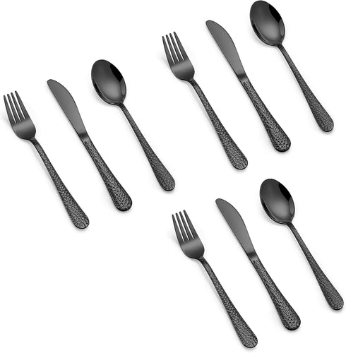 LIANYU 9-Piece Kids Black Silverware Set, Stainless Steel Toddler Utensils, Hammered Metal Flatware Cutlery Set Preschooler, Children Tableware In...