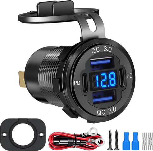 Linkstyle USB Car Charger Socket 12V, 30W Dual PD Type C & 18W QC3.0 Dual USB Charger Power Outlet Panel Waterproof Fast Charge Adapter with LED D...