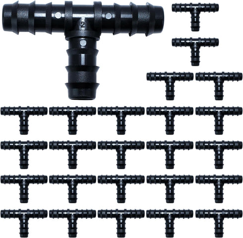 25PCS Drip Irrigation Barbed Tee Fitting Kits for 1/2 Inch Tubing 16MM OD .600" ID Barbed Tee Connectors Drip Line Connector Drip Hose Connector D...