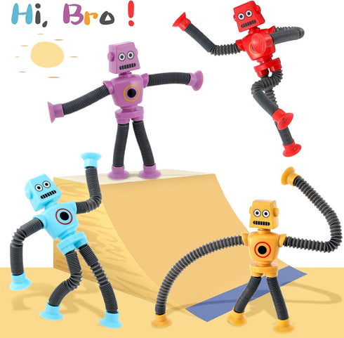 Sensory Fidget Robot Toys LED Light Up for Kid Toddlers, Suction Cup Poseable Action Figures Robot Telescopic Pop Tubes ADHD Autism Travel Toys Pi...