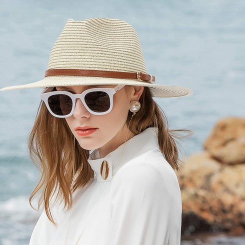 Straw Sun Hats for Women Men Panama Fedora Summer Hat with Leather Belt Wide Brim Beach Sun Jazz Cap...