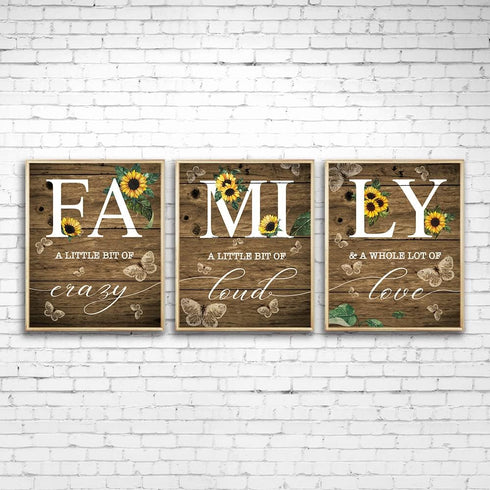 Family Sunflower Butterfly Wall Decor, Inspirational Family a Little Bit of Crazy Loud Love Rustic Wood Sign Wall Art for Living Room Set of 3(8"X...