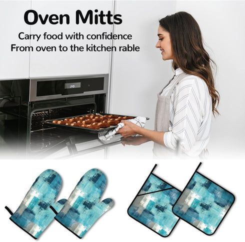 Turquoise Grey Oven Mitts and Pot Holders Sets of 4 Modern Teal Abstract Art Oven Gloves for Kitchen Baking Cooking Grilling (Turquoise)...