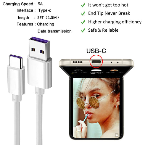 5FT USB C Charger Cable for New Samsung Galaxy Z Flip 5, Z Flip 4, Z Flip 3, Z Flip 2, Samsung Galaxy Z Fold 5, Fold 4, Fold 3, Fold 2 Samsung Gal...