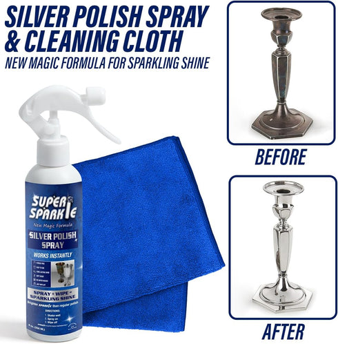 Silver Polish Cleaner Spray 8 Ounce with Cloth Pack Set - Gently Cleans and Removes Tarnish 16x16 inch Silver Cleaning Cloth for Sterling Silver, ...