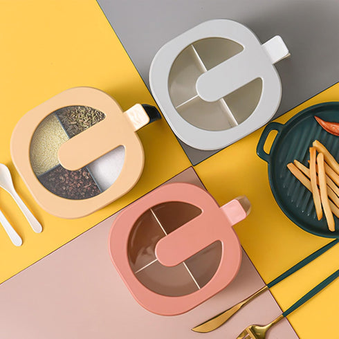 Seasoning Box With Lid, 4 Compartments Seasoning Rack Spice Pots with Handle and 4 Spoons Home Kitchen Condiment Jars for Sugar Salt Pepper(Blue)...