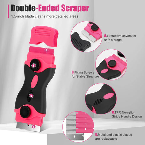 Razor Blade Scraper Tool, 2Pcs Pink Razor Scraper with 40Pcs Replacement Blades, Glass Scraper for Removing Decals, Tint, Stickers, Labels, Caulk,...