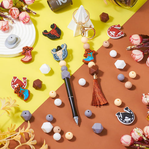 66Pcs Western Cowboy Focal Beads Silicone Keychain Making Kit Cow Horse Animal Beads Cowboy Hat Boots Round Hexagon Spacer Beads for Crafts DIY Pe...