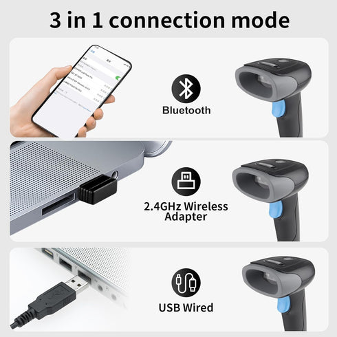 Wireless Barcode Scanner 1D QR Scanner Wireless Handheld Laser Bar Code Reader 3-in-1 with Bluetooth & 2.4G Wireless & USB Wired Works with iPad, ...