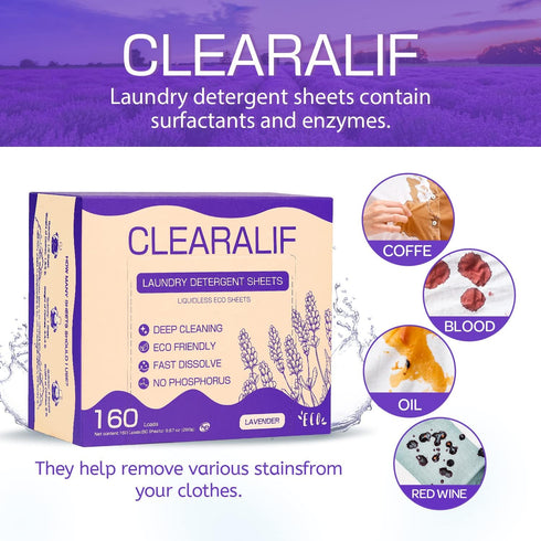 CLEARALIF Laundry Detergent Sheets 80 Sheets (Up to 160 Loads), Lavender - Great For Apartments, Dorms,Laundry Sheets Eco Friendly...