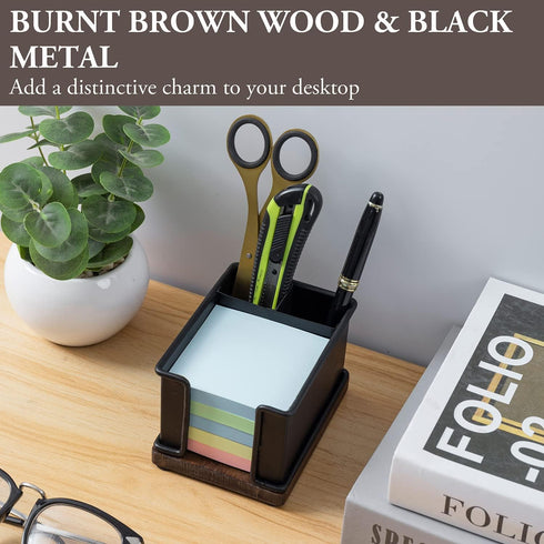 MyGift Modern Industrial Matte Black Metal Office Stationery Organizer with Sticky Note Holder, 2 Pen Storage Compartments and Rustic Burnt Solid ...